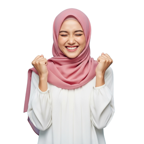 Joyful Woman in Pink Hijab Celebrating Success