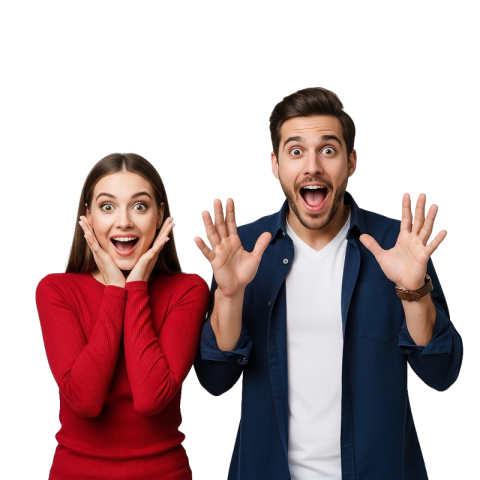 Excited Couple Reacting with Surprise and Joy