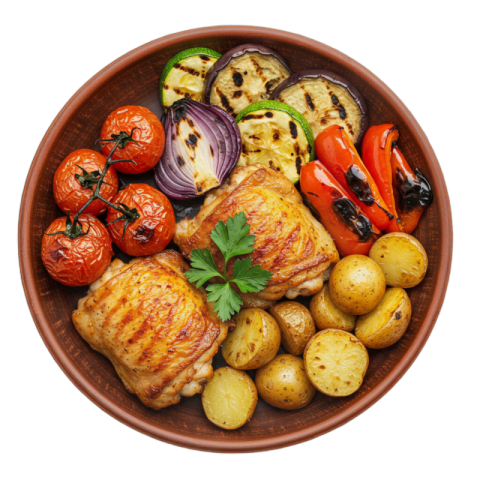 A Grilled chicken meat and fresh vegetable