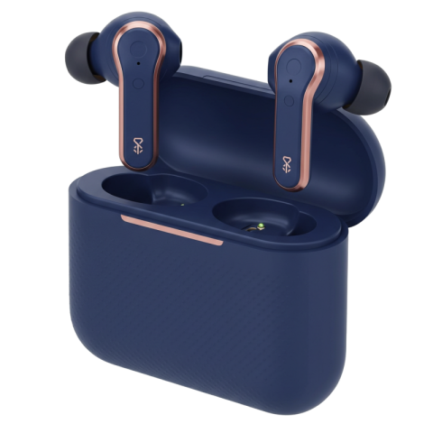 Wireless earbuds with a charging case PNG image