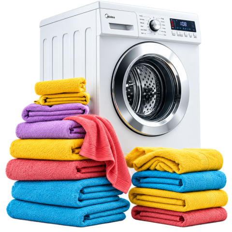 White Front Load Washing Machine with Folded Towels PNG