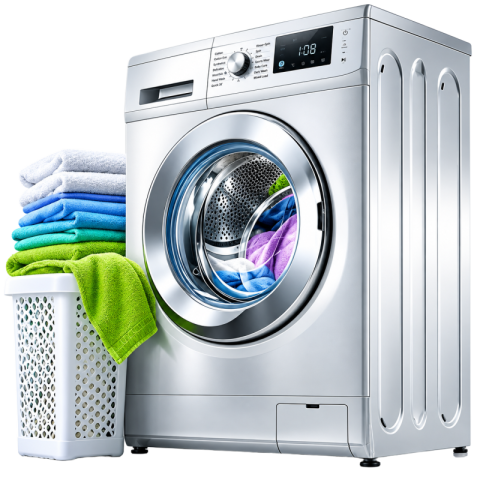 Modern Silver Washing Machine with Laundry Basket PNG