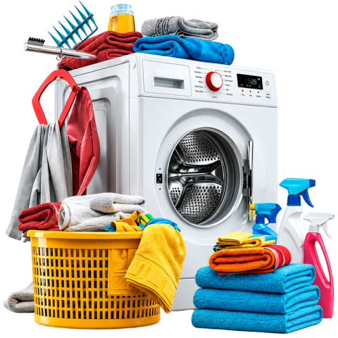 Washing Machine Surrounded by Laundry Detergents and Towels PNG
