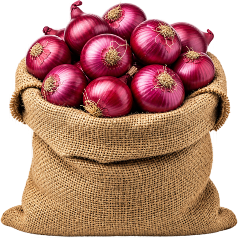 Burlap Sack Filled with Fresh Red Onions PNG
