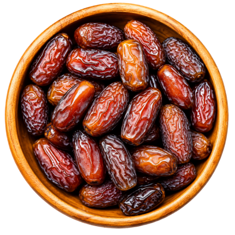 Medjool Dates Top View in Wooden Bowl PNG