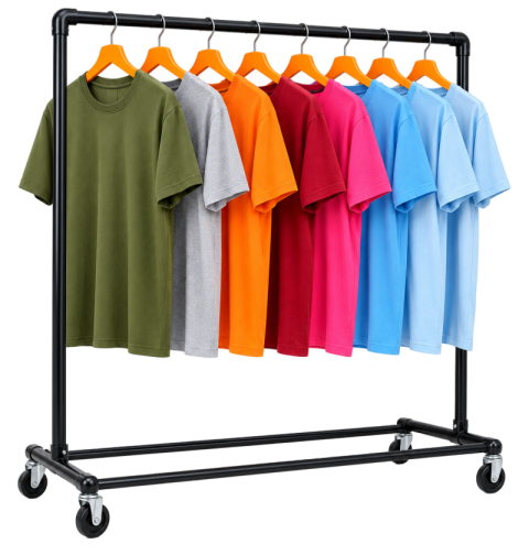 Colorful Plain T-Shirts Hanging on Clothing Rack PNG