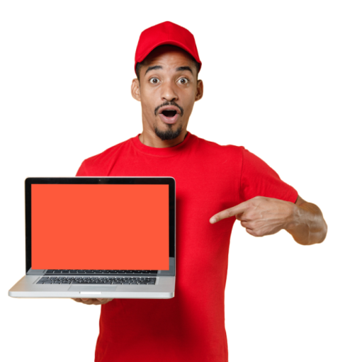 Excited man holding a laptop free PNG image