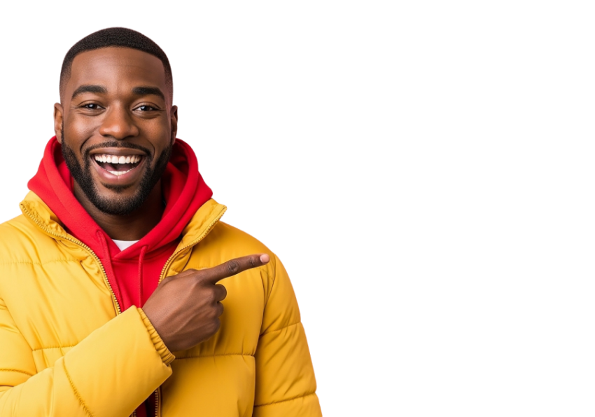 Smiling Man in Yellow Jacket Pointing Right