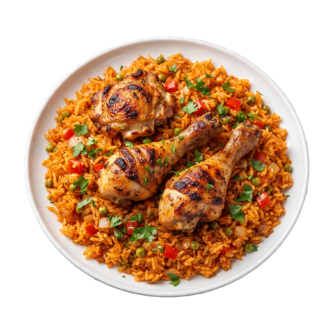 Seasoned Jollof Rice with Grilled Chicken Legs PNG